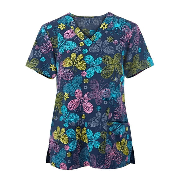 HIMONE Loose Short Sleeve Scrub Top for Women Ladies Butterfly Floral Print Blouse Casual Pockets Workwear T Shirt