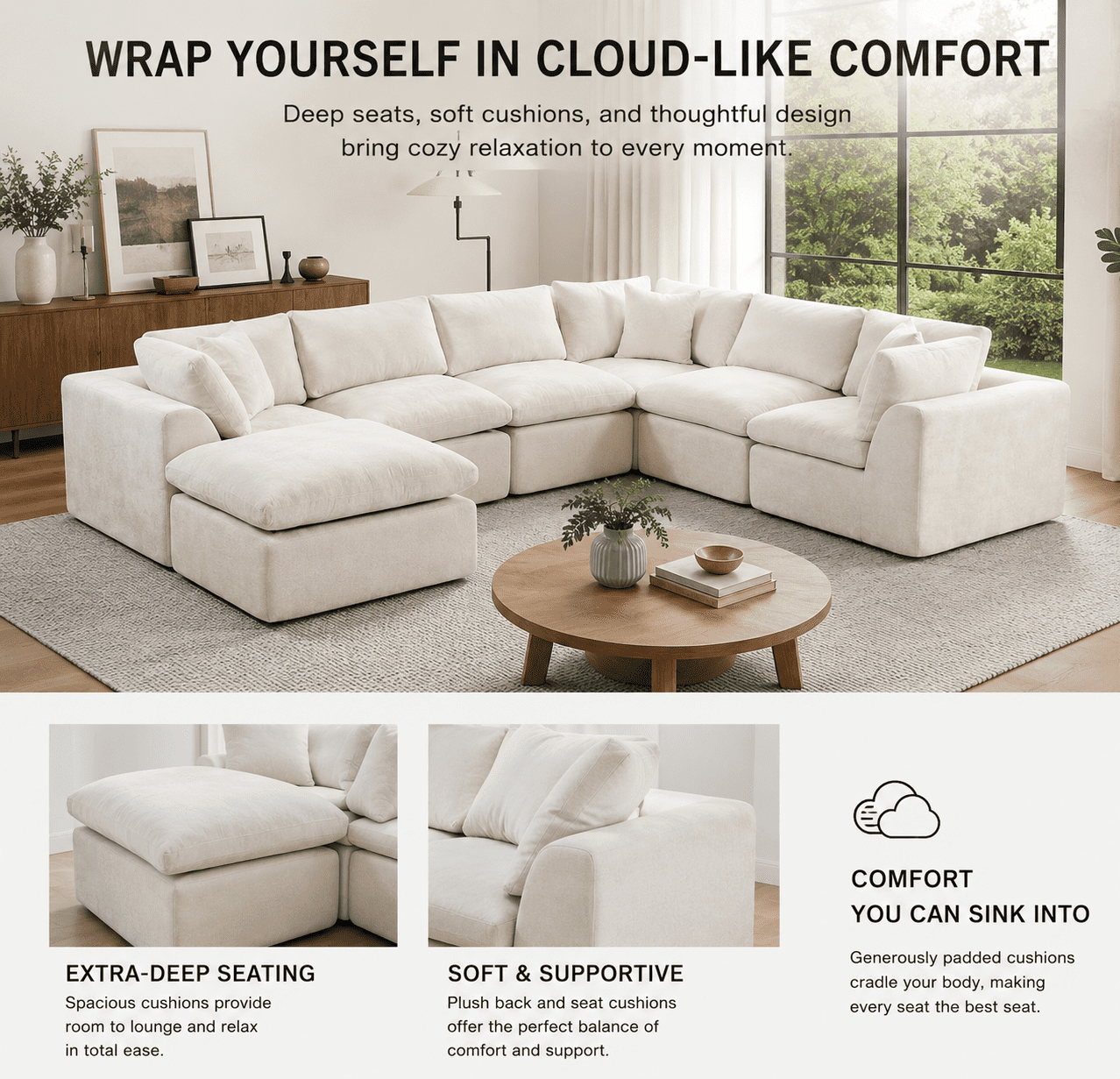 Oversized U-Shaped Sectional Sofa with Ottoman, 7-Seater Modular Chenille Cloud Couch, Deep Seat Frameless Sofa for Living Room, Apartment, Office
