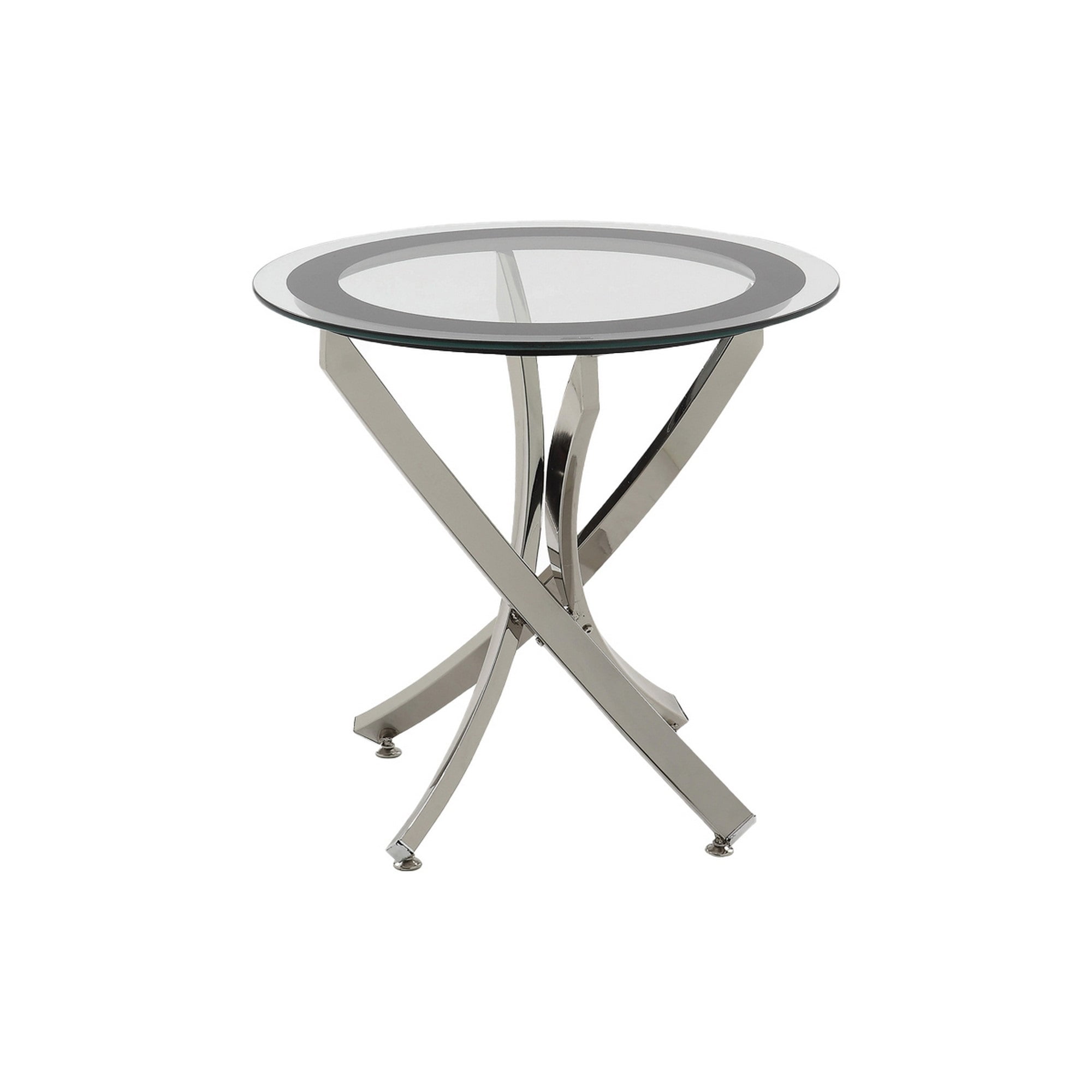 Round Tempered Glass Top End Table with Curved Metal Legs, Silver and