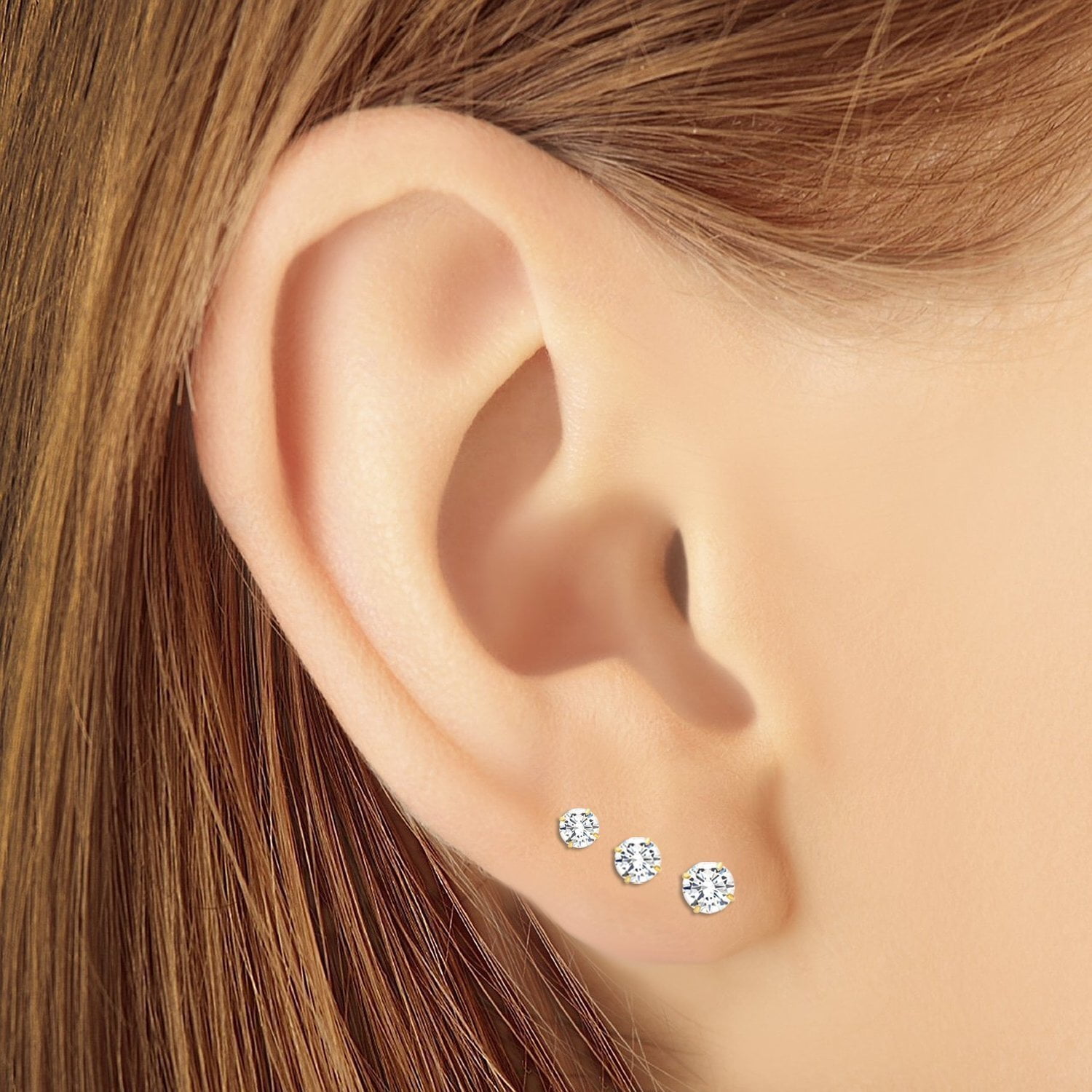 14k Yellow Gold Solitaire Round Cubic Zirconia Stud 3 Pair Earring Set 3mm, 4mm, 5mm