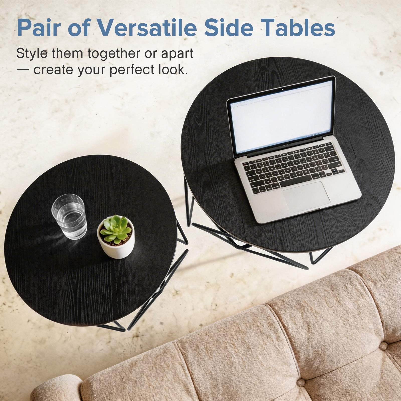 CONCETTA Small Round Coffee Table Set of 2, Nesting Side Tables for Living Room or Bedroom, Modern Accent End Tables,Black