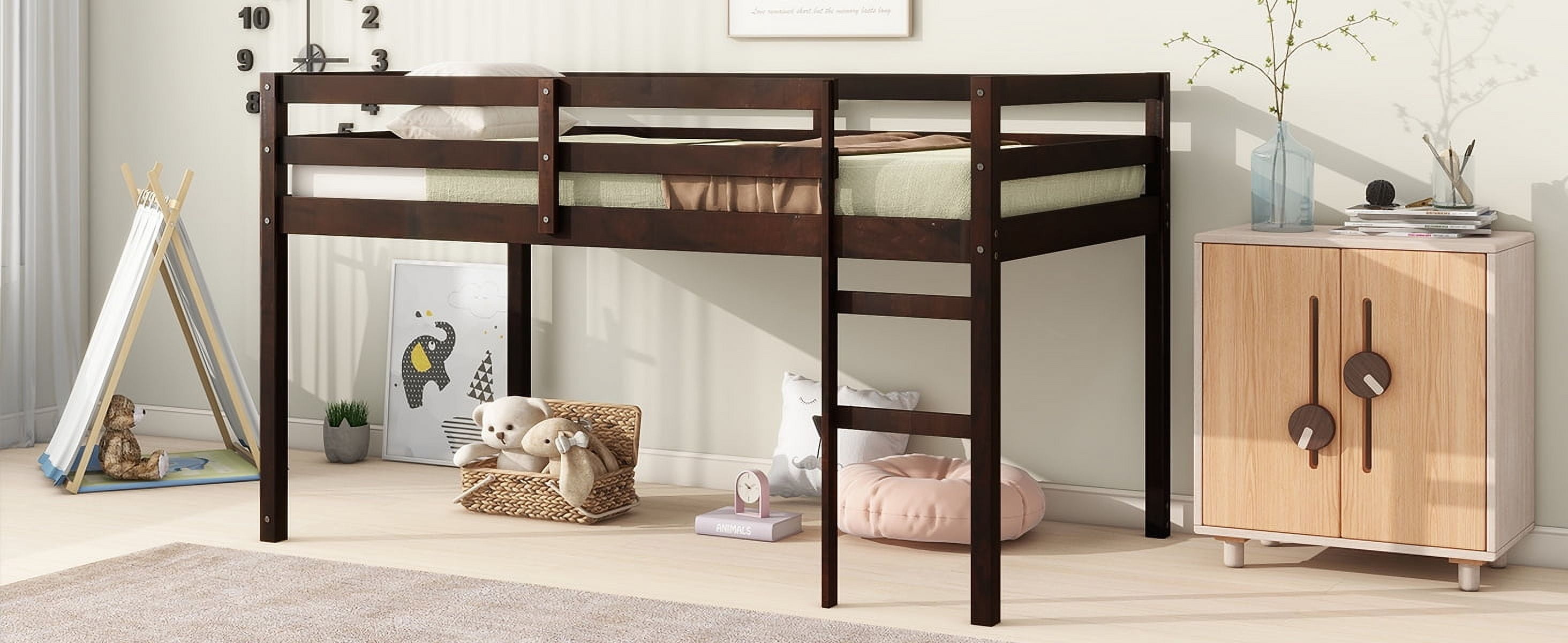 Solid Wooden, Rubber Wooden Twin Loft Bed with Ladder, Bed Platform of Strengthened Slats, Espresso