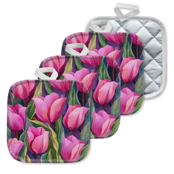 4 Pack Pot Holders,Kitchen Essential, Potholder Set,Elegant Pink Tulips In A Watercolor Array