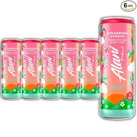 New Alani STRAWBERRY SUNRISE Sugar Free, Low Calorie Energy Drinks, 200mg Caffeine, 12 Fl Oz Cans, 6 Pack