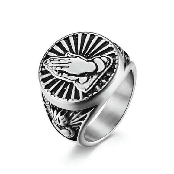 K-KED Vintage Crown Heart Praying Hands Ring Stainless Steel Lord's Prayer Signet Ring-13-Silver