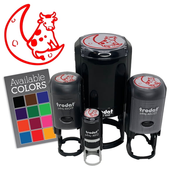Cow Sitting on Moon Milky Way Spots Self-Inking Rubber Stamp for Stamping Ink Stamper Crafting Planners - 1/2 Inch Mini - Black Ink