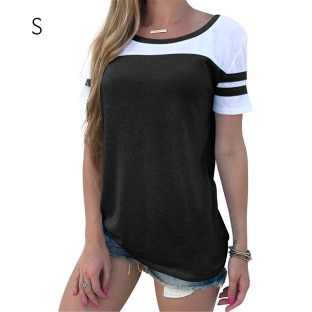 Camiseta de mujer Blusa de cuello redondo de manga corta con bloque de color a rayas, Negro, S Noticed AP001633-01