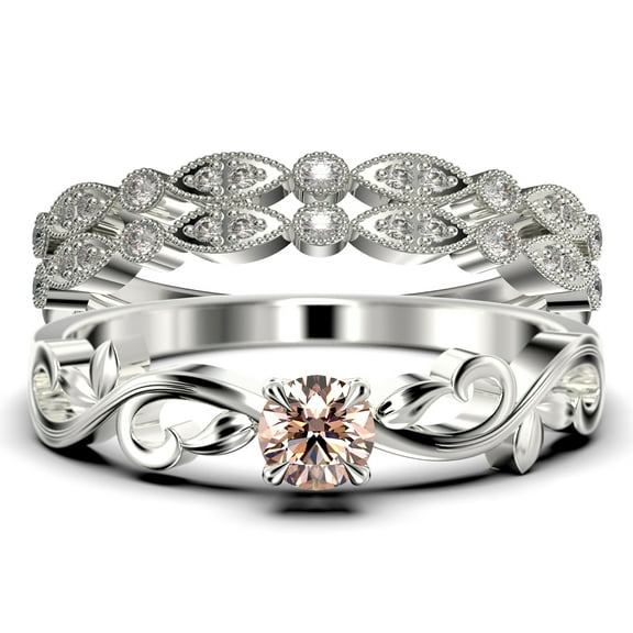 Art Nouvea Vintage Twisted Salt And Pepper 1.50 Carat Round Cut Morganite And Diamond Moissanite Engagement Ring, Antique Design Wedding Ring in10k Solid White Gold, Trio Set, Matching Band