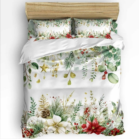 Christmas King Size Comforter Set, Winter Green Eucalyptus Leaf Red Flowers Pine Cone Bedding for All Seasons, 4 Pcs Bed Set with 1Comforter (90"x106") ,1 Sheet(94"x116"), 2 Pillowcases (19"x35")