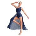 thumbnail image 2 of Kaerm Womens Sleeveless Lyrical Dance Dress Glittery Asymmetrical Shoulder Split Dress Modern Dancewear Navy Blue S, 2 of 7