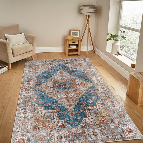 Hywell 5'x7' Vintage Bohemian Rug - Non-Slip Washable Carpet for Living Room, Bedroom