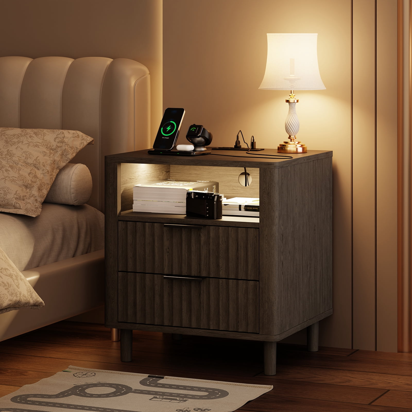 18" Wide Fluted Nightstand Set of 2 with Charging Station Modern Wood Bedside Table with 2 Drawers and Open Shelf, Mid Century End Table for Bedroom Living Room Office, Dark Gray