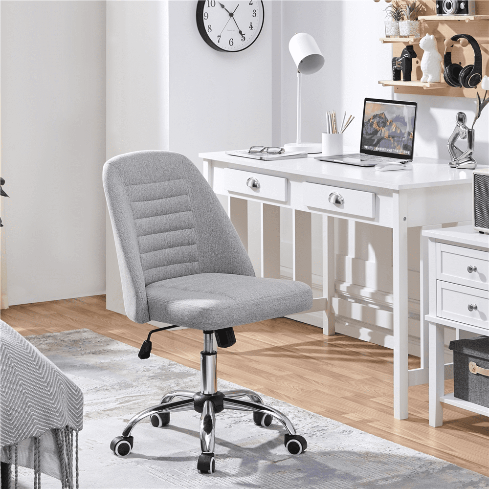 Yaheetech Linen Fabric Mid Back Desk Chair with Wheels for Home Office, Light Gray
