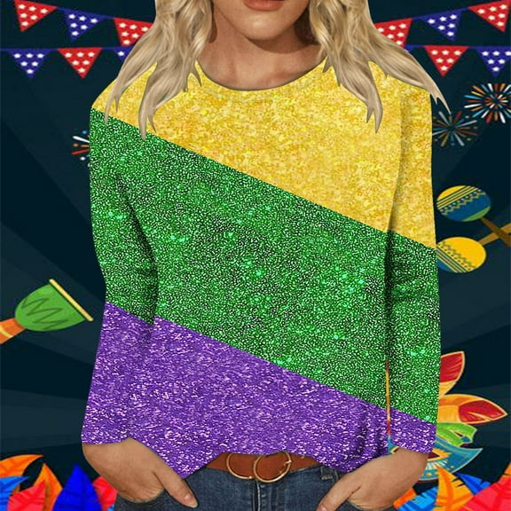 xixinqiwan Women Tops,Womens Long Sleeve Carnival Round Neck Casual Tshirts New Orleans Parade Custume Tops