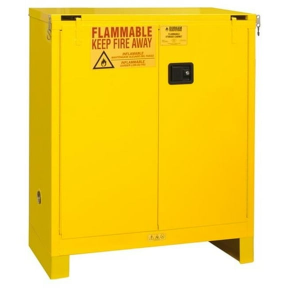 Durham 1030SL-50 16 Gauge Welded Flammable Self Closing Doors Safety Cabinet with Legs & 1 Shelf, Yellow - 30 gal