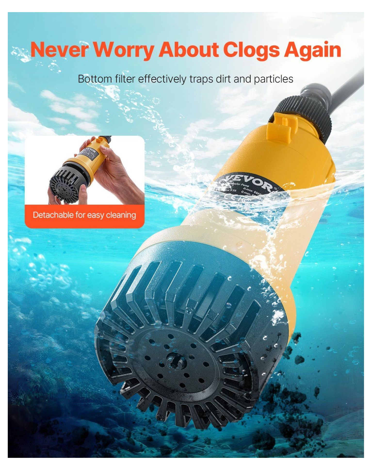 Cordless Water Transfer Pump for Dewalt 20V MAX, Submersible Pump 528 GPH, 66ft Lift, Brushless Motor, Garden Hose Included, Automatic Timer, Portable Utility Pump