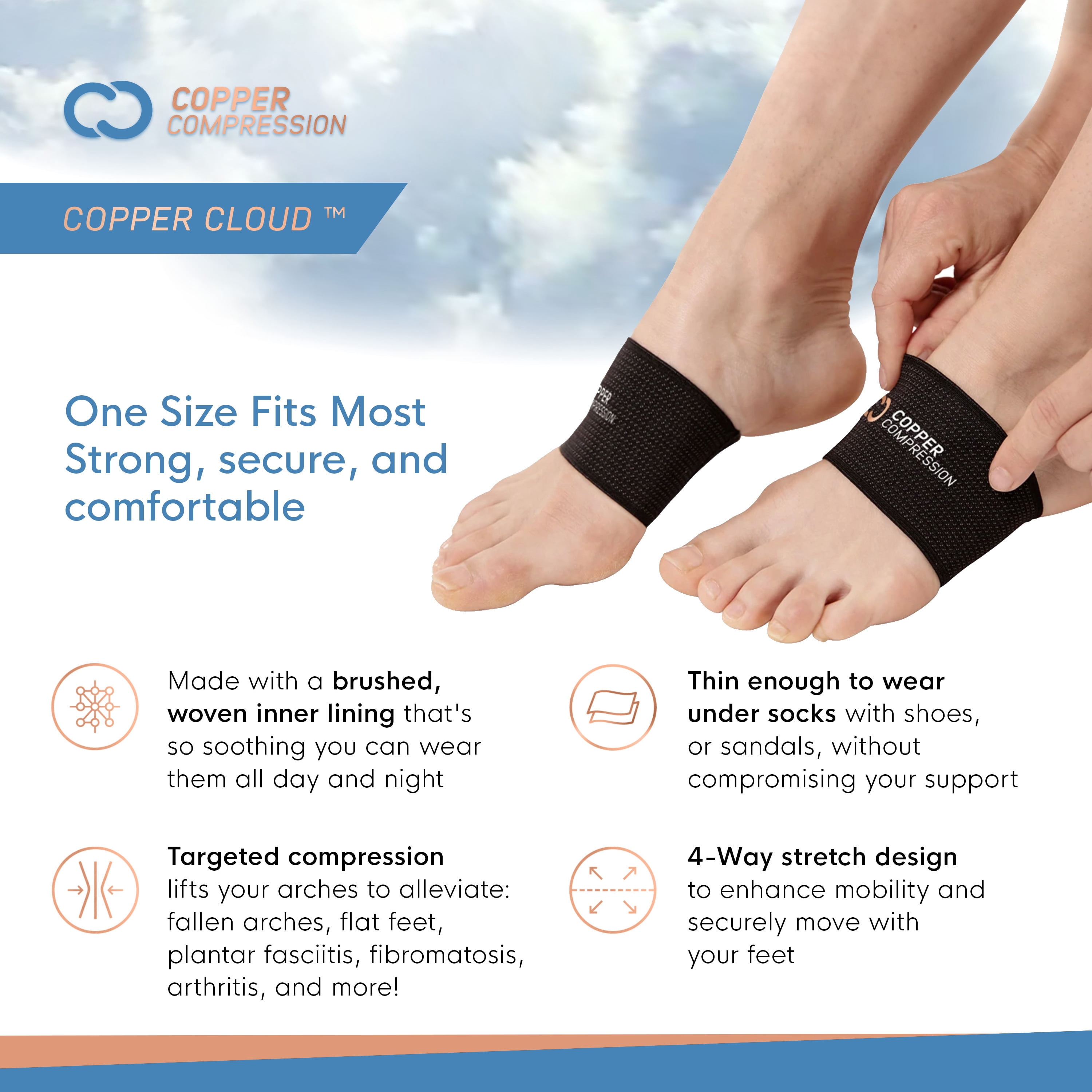 Copper Compression COPPER CLOUD Arch Support - One Size Fits Most (Unisex, Black, 1 Pair)