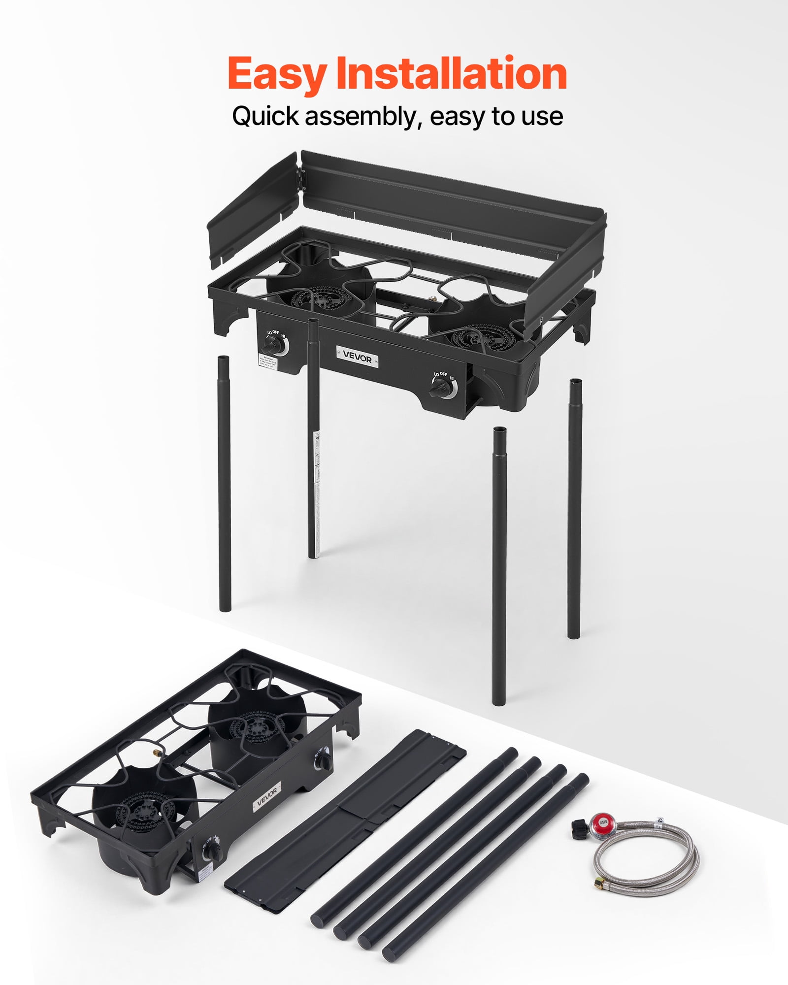 VEVOR 2 Burner Outdoor Propane Gas Stove, 150,000 BTU Propane LPG Gas Camping Stove, Heavy Duty Carbon Steel Outdoor Cooker, with Shield & Tall Stand & PSI Regulator, for BBQ Camp Home Patio Backyard