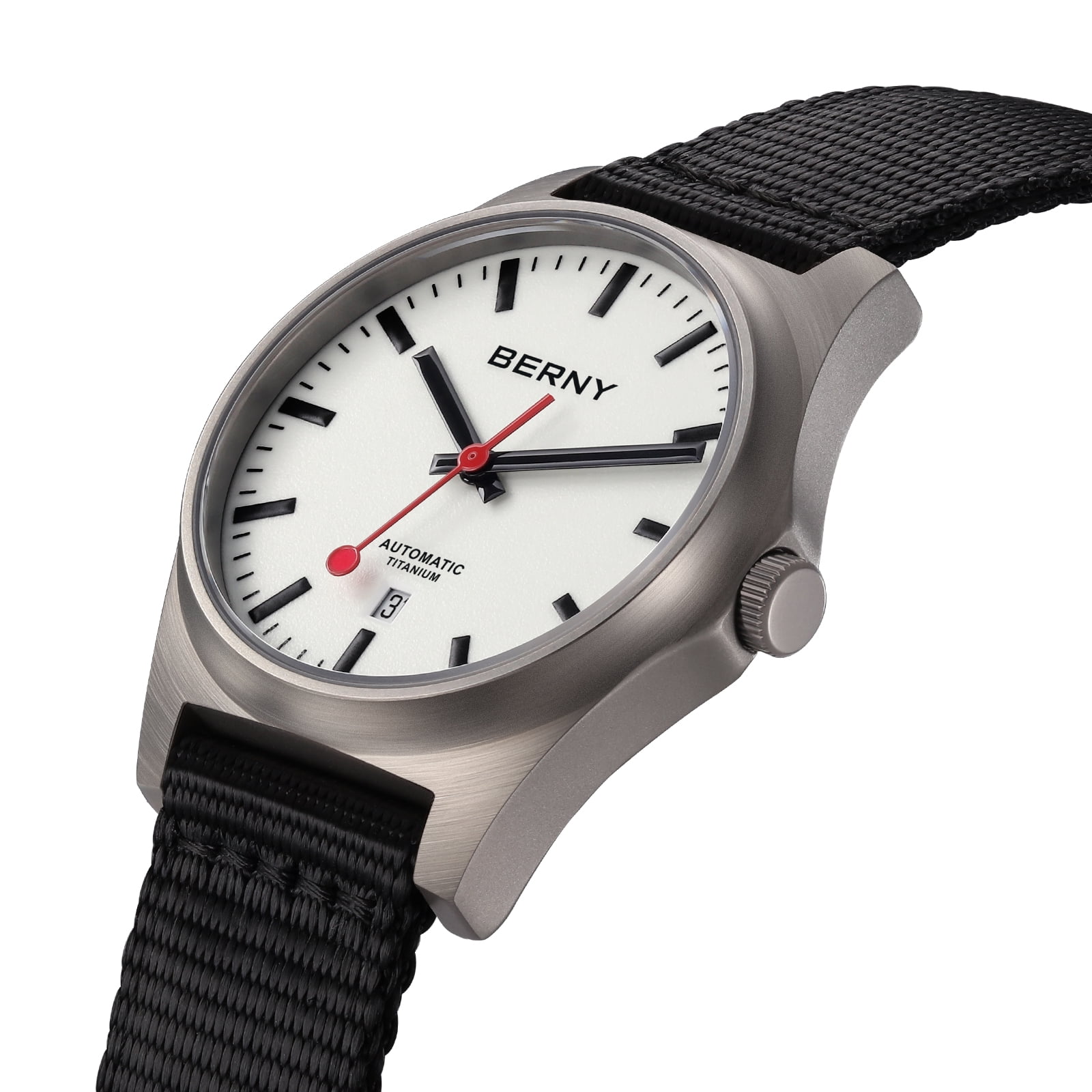 BERNY Automatic Titanium Watches for Men, Sport Casual 10ATM Waterproof Analog Mechanical Watch with Date, Nylon Strap, Super Luminous, Sapphire Crystal, Fashion Minimalist Wrist Watch (White)