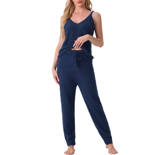 Conjunto de pijama de felpa esponjosa sin mangas para mujer INSPIRE CHIC, con pantalones jogger gruesos, ropa de casa y pijama XL azul marino