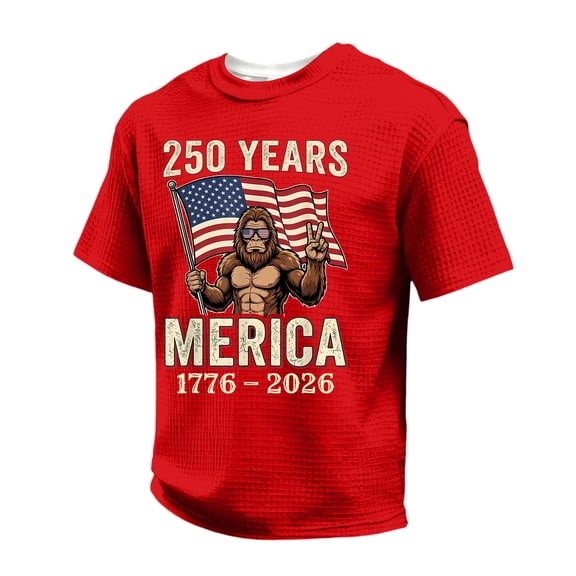 Youpwaven Funny 4th of July Men's Shirt, 250th Anniversary USA Waffle Tee Top, Patriotic Bigfoot "Merica" Graphic T-Shirt, America 250 Years 1776-2026 Independence Day Apparel