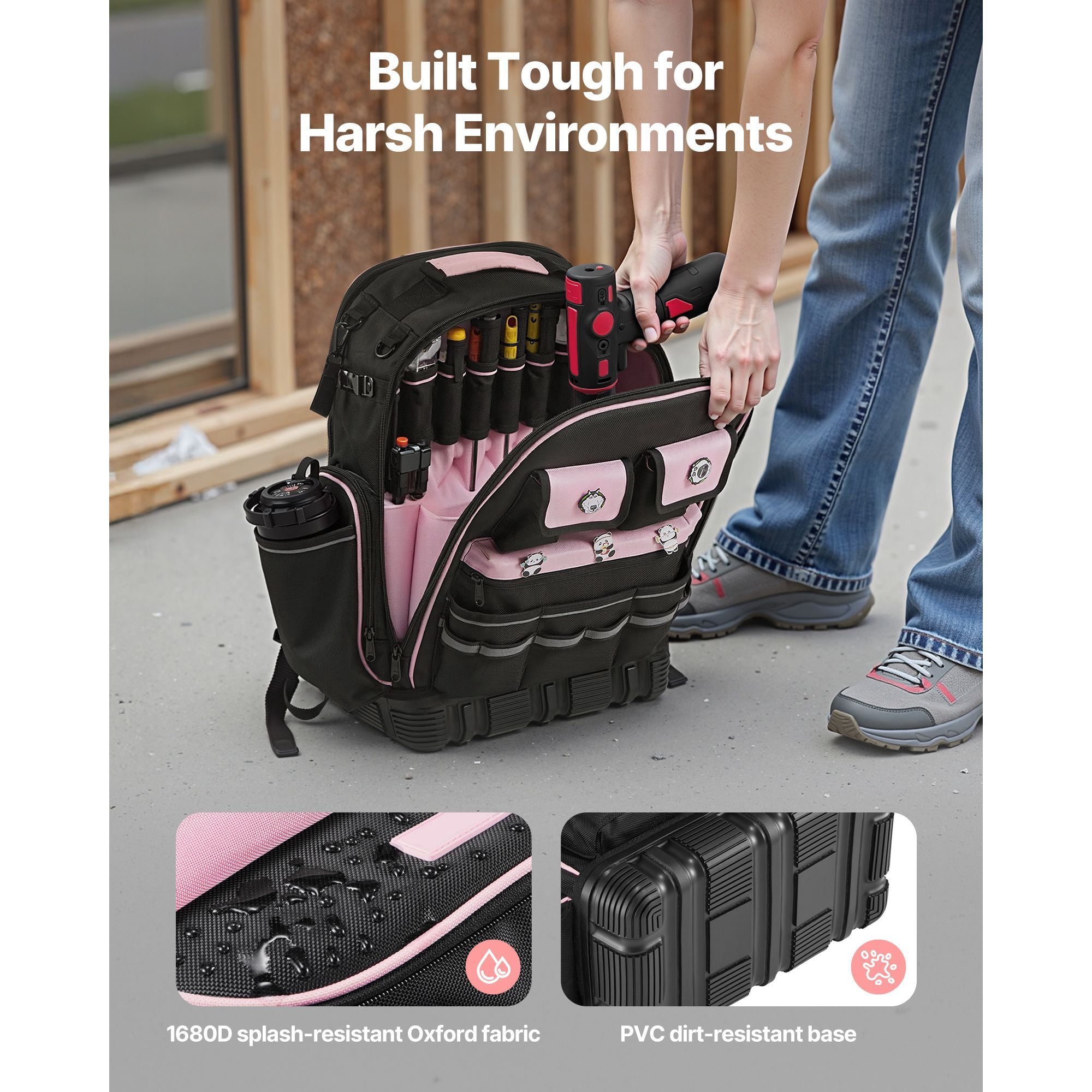 Tool Backpack 56 Pockets, 75 lbs Capacity, Heavy-Duty Oxford Fabric, Laptop Compartment, Molded Base, for Electrician Plumber HVAC