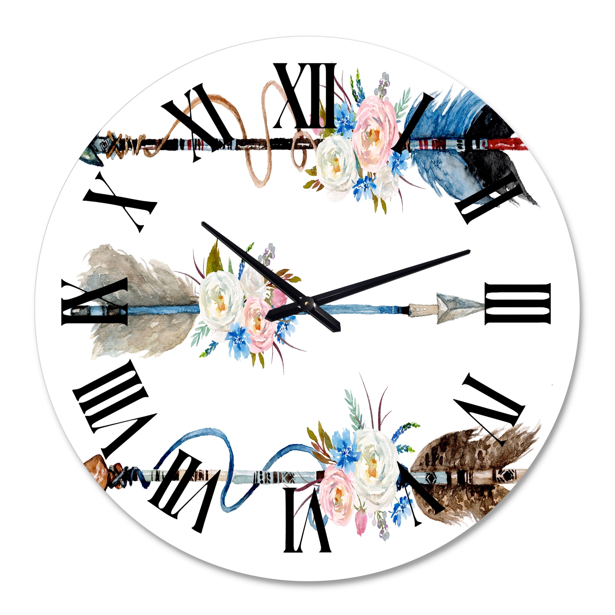 Designart 'Ethnic Feathers And Flowers On Native Arrows I' Bohemian & Eclectic Wall Clock