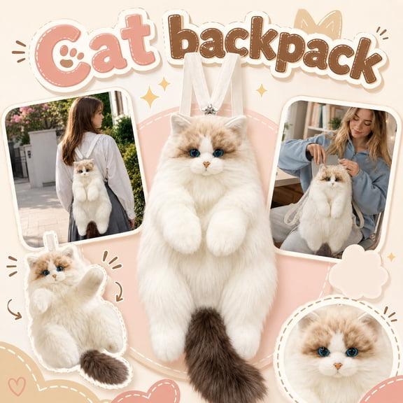 KEVCHE Cute Cat Stuffed Animal Backpack for Women, Soft Plush Daypack with Adjustable Shoulder Straps, Crossbody Casual Bookbag for Daily Travel Commute, Lightweight Novelty Bag