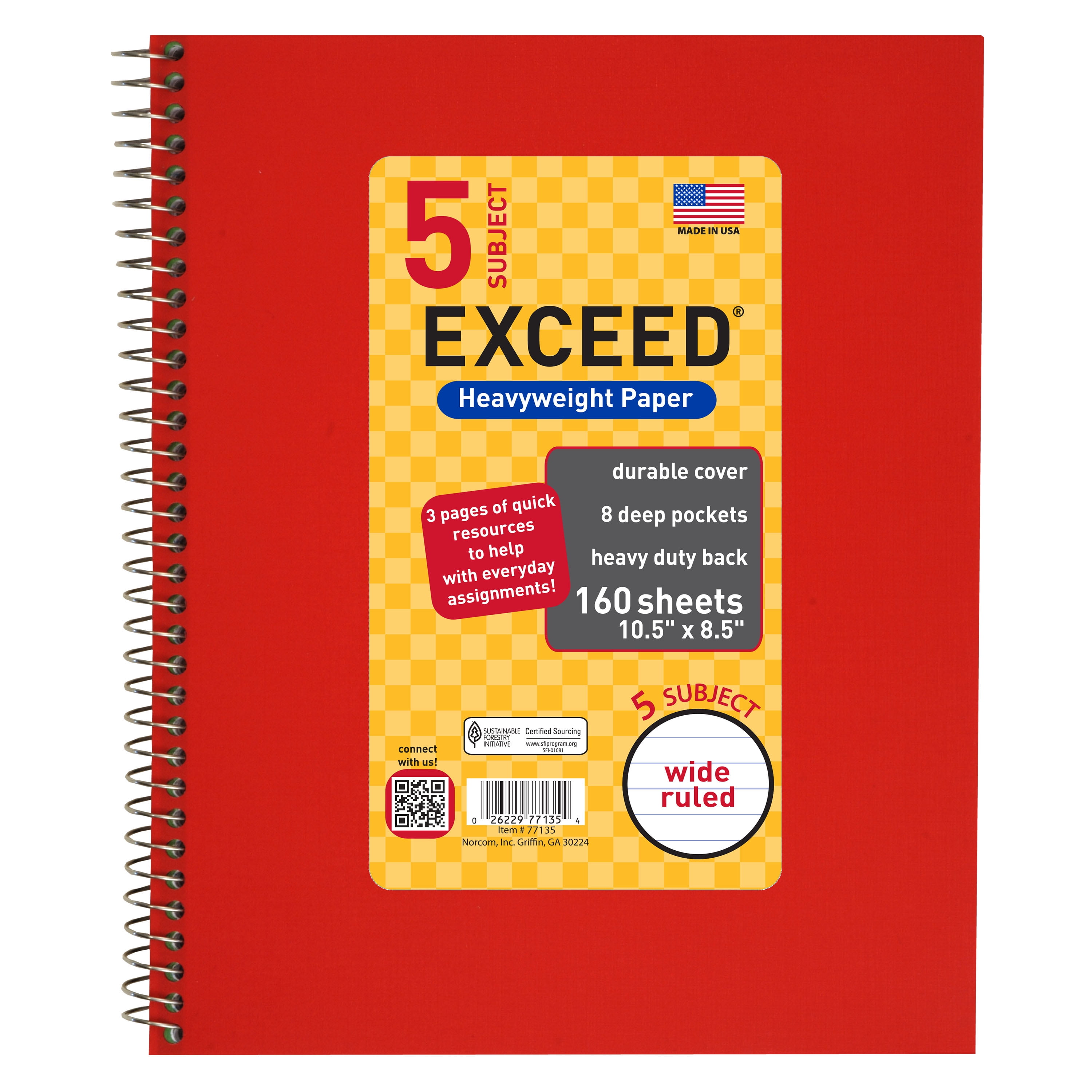 160 Count 5 Subject Red Exceed Notebook, 10.5" x 8.5", Wide Ruled