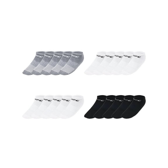 UFC 20 Pair Men's Lightweight No Show Socks with Front Logo, Blk/Wht/Grey