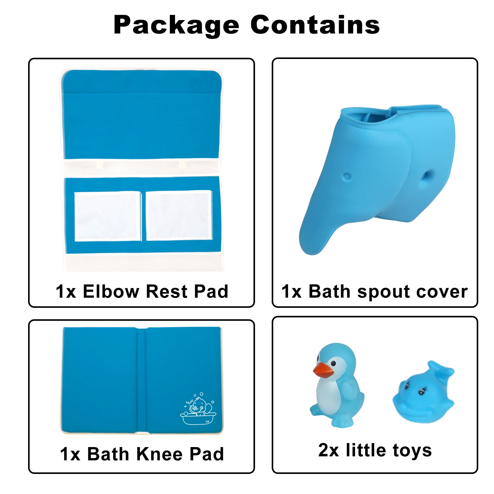 Bath Kneeler and Elbow Rest Pad Set - Bath Kneeling Mat with Toy Organizer - Bath Spout Cover Blue Elephant - Free Bathtub Toys