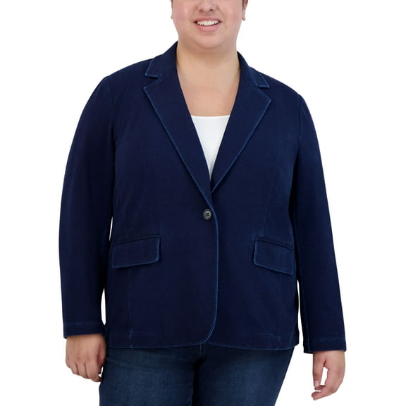 Jones New York Plus Size Denim One-Button Blazer Indigo Rinse Wash 1X