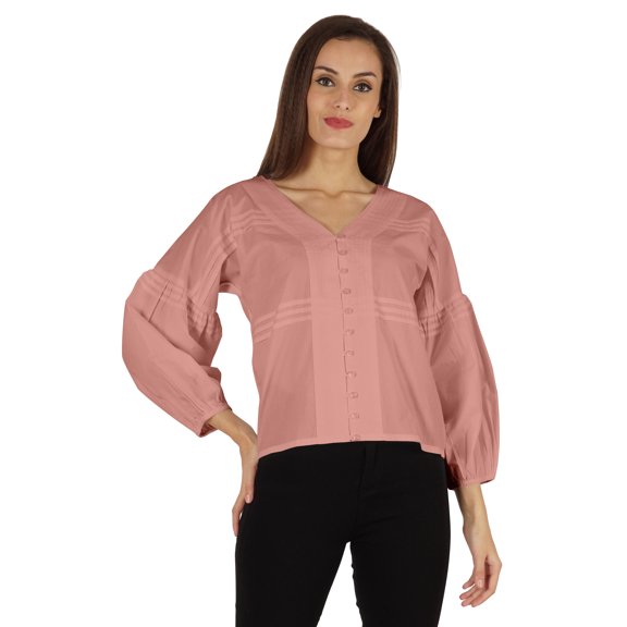 Bimba Balloon Sleeve Top Button-Down Shirt Summer Loose Fit Pleated Blouse For Women's