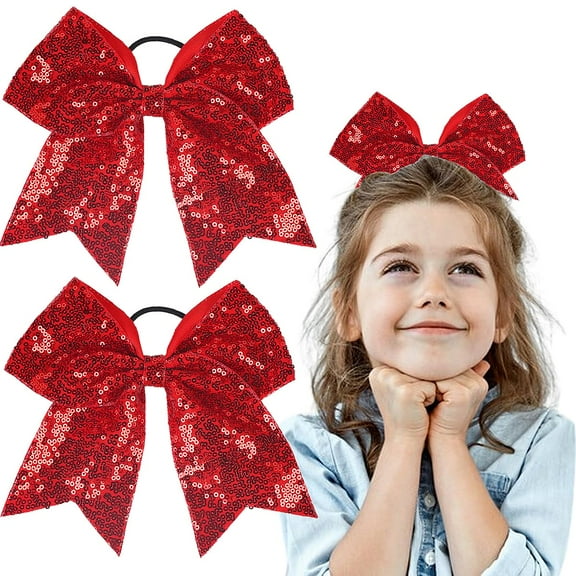 2PCS Christmas Valentine's Day Glitter Sequins Cheer Ponytail Hair Bows, St. Patrick's Day Handmade Elastic Hair Ties Bands. Hair Accessories for Women Teen Girls