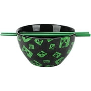 Unbranded Minecraft Creeper Faces 20 Oz Black Ceramic Ramen Bowl With Plastic Chopsticks