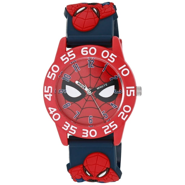 Marvel Spider-Man Reloj analógico de cuarzo con correa 3D para profesor de tiempo de plástico para niños, rojo/azul marino/multiazul marino