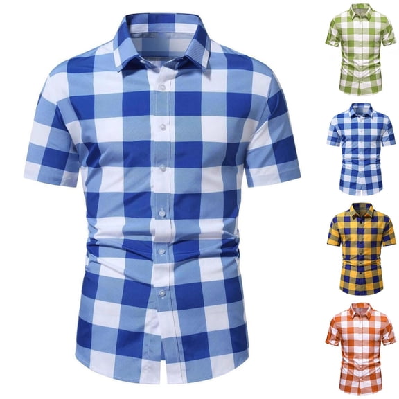 Men's Plaid Button Down Shirts Short Sleeve 4-Way Stretch Slim Fit Dress Shirts for Men Business Casual Shirts Size M-4XL Yellow