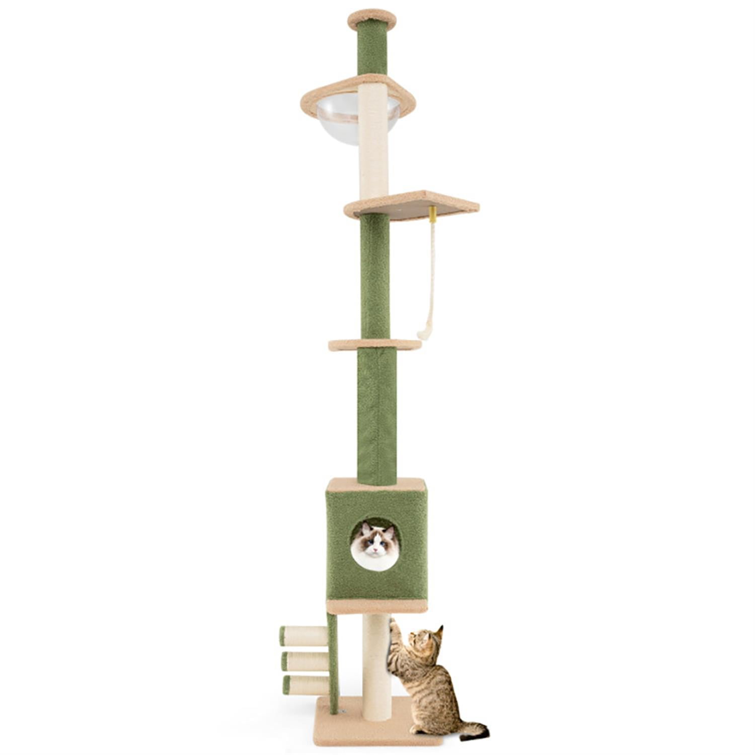 resenkos Modern Floor to Ceiling Cat Tree with 86-99.5 Inch Adjustable Height, Cat Tower Condo for Indoor Cats with Cozy Condos and Extra Post, Green