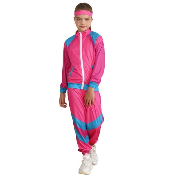 Ocealan Kids 80s Retro Tracksuit Boys Girls Halloween 90s Hippie Costumes Retro 80s Hip Hop Dance Outfits Pink M