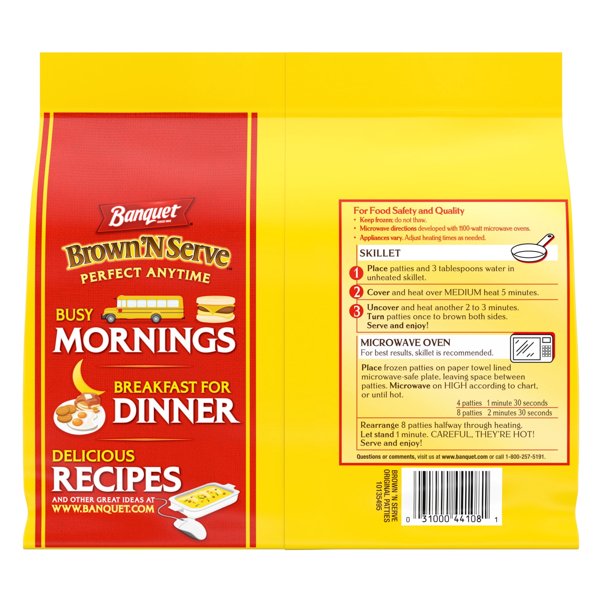 Banquet Brown'N Serve Original Fully Cooked Sausage Patties, 5g Protein per Serving, Frozen Breakfast, 32 oz.
