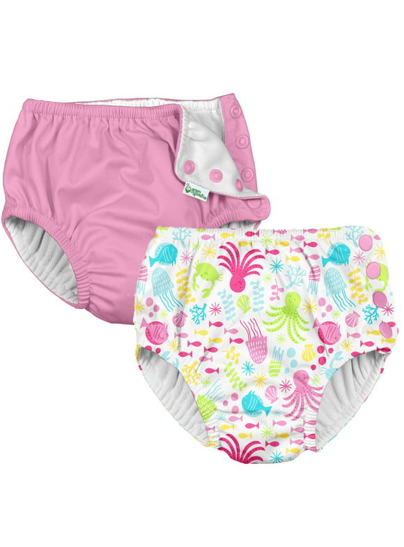 i Play (2 Pack) Girls Reusable Absorbent Baby Swim Diapers - Swimming Suit Bottom | No Other Diaper Necessary White Sea Pals and Light Pink 6 Months