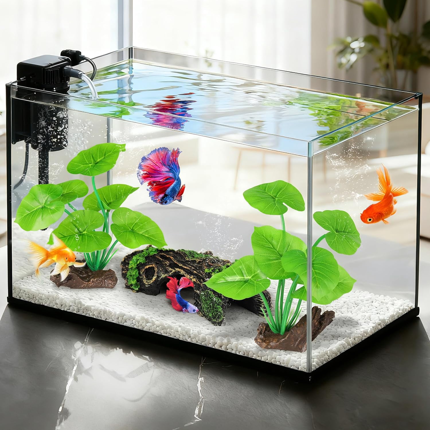 Fish Tank Decor, Silk Aquarium Plants and Hollow Tree Trunk Decor for Betta, Goldfish, Turtle, Reptile