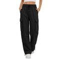 thumbnail image 5 of hlysgo Women's High Waisted Cargo Pants Loose Fit Wide Leg Cotton Trousers Drawstring Elastic Waist Casual Pant with Pockets Black,S, 5 of 5