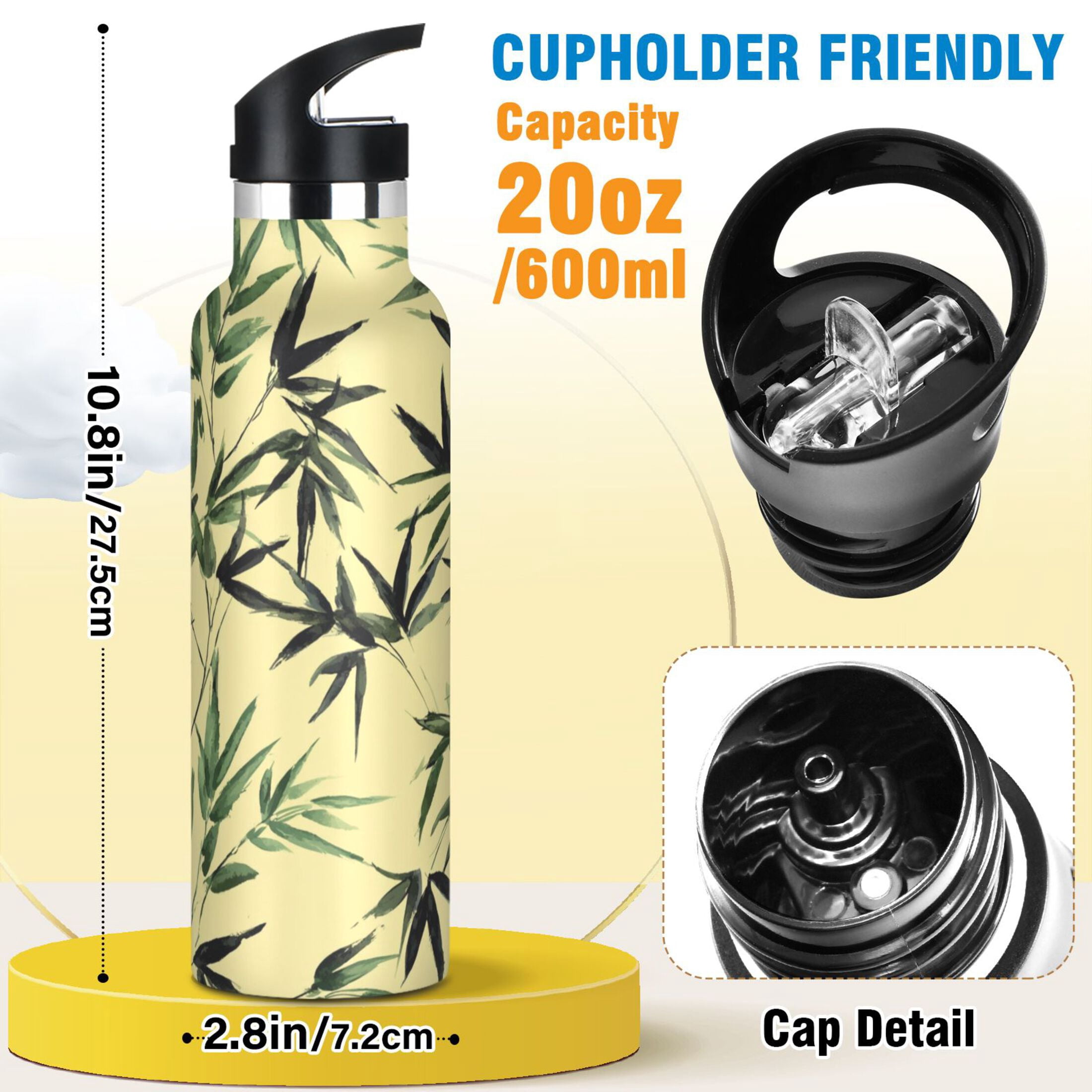 Kids Insulated Stainless Steel Sports Water Bottle 600ml (20oz) Bamboo and Green Leaves