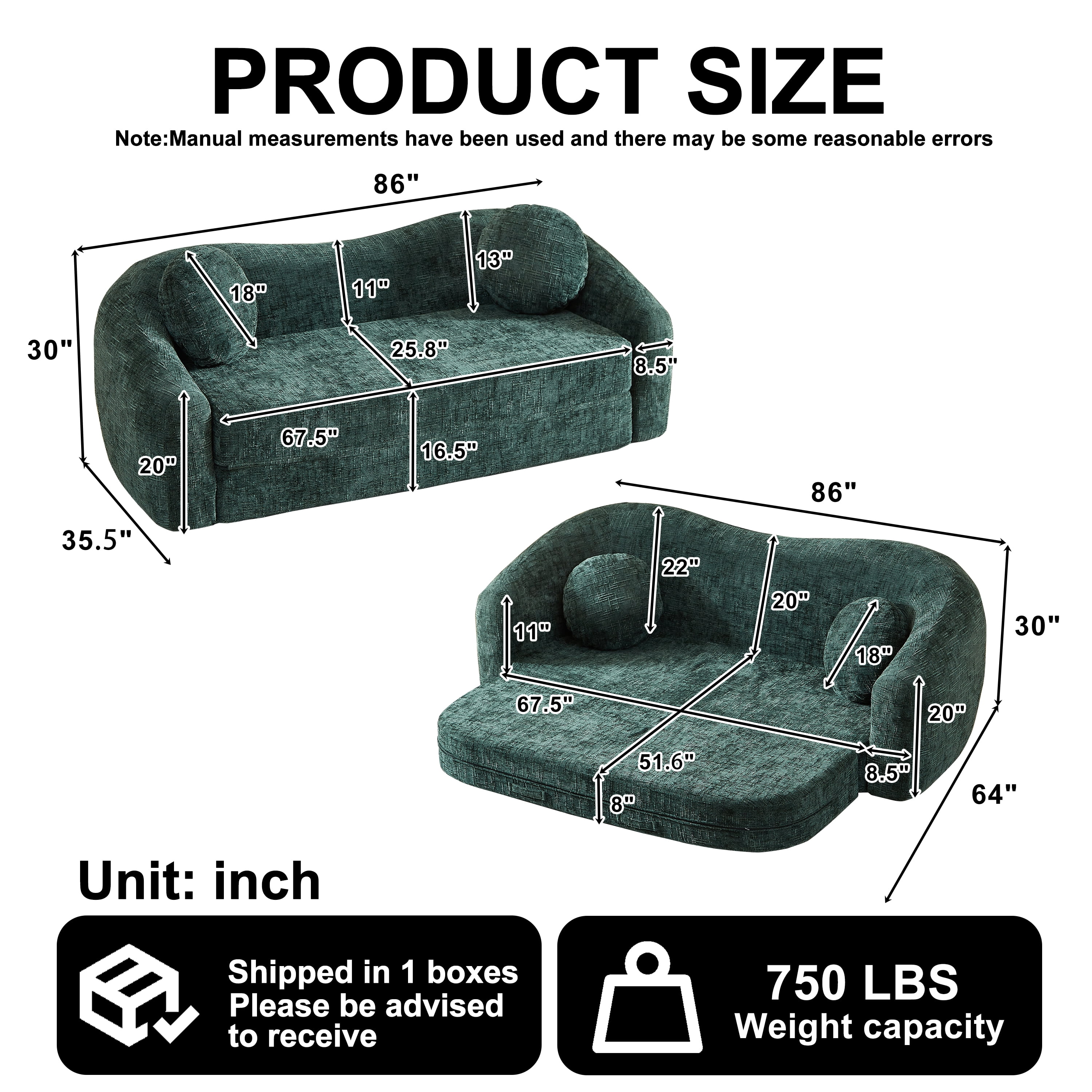 Leumius 87" Convertible Futon Sofa Bed, Corduroy Curved Boneless Couch with High Backrest, 2-in-1 Fold-Out Sleeper Sofa with Pull-out Couch Bed,Green-Round Pillow
