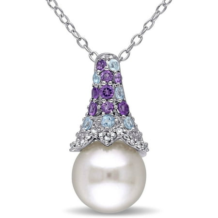 Tangelo 8-8.5mm White Round Cultured Freshwater Pearl and 1/3 T.G.W. Amethyst and Swiss Blue Topaz with Diamond-Accent Sterling Silver Fashion Pendant, 18