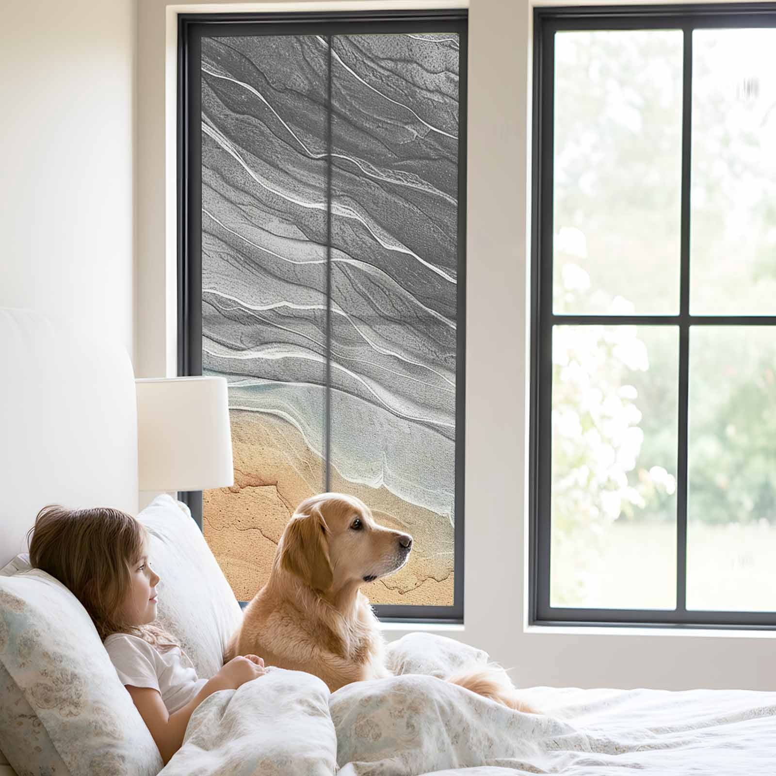 Abstract Grey Window Privacy Film, Ocean Beach Waves Lines Gradient Frosted Glass Window Clings Static Cling UV Heat Blocking Reusable Door Sticker for Bathroom 23.6 x 59 Inch