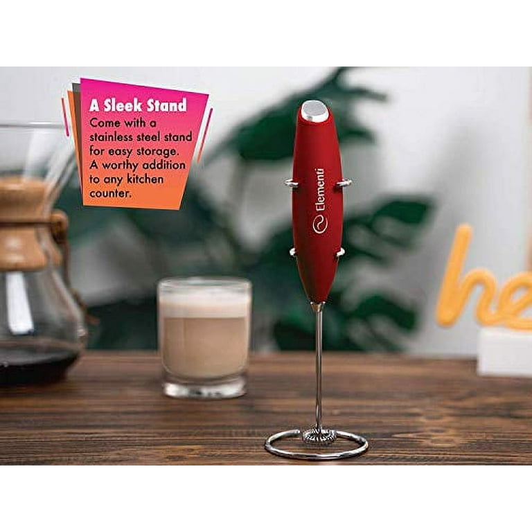 Elementi Handheld Milk Frother with Stand - Mini Mixer for Powder Drinks - Handheld Frother for Coffee - Electric Wisk - Hand Mixer Cordless 
