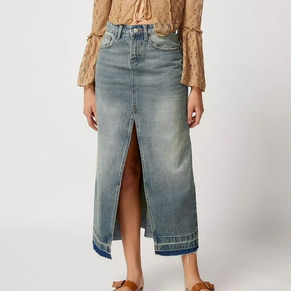 qolati Women's Casual Denim Skirt Trendy High Waist Split Front Long Jean Skirts Classic Fit Y2k Streetwear Work Pencil Skirt