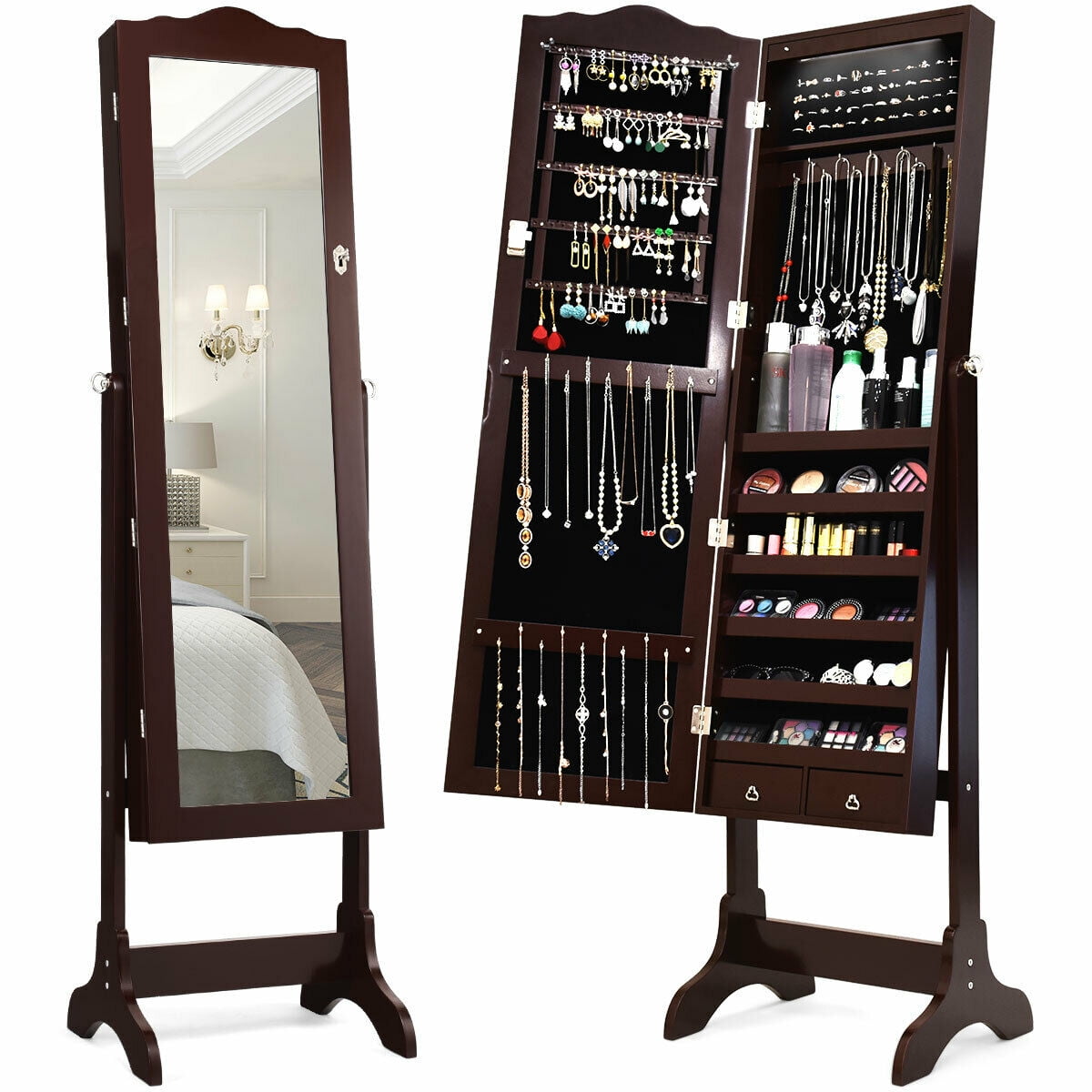 Gymax Mirrored Jewelry Armoire Storage Organizer w/Drawer & Led